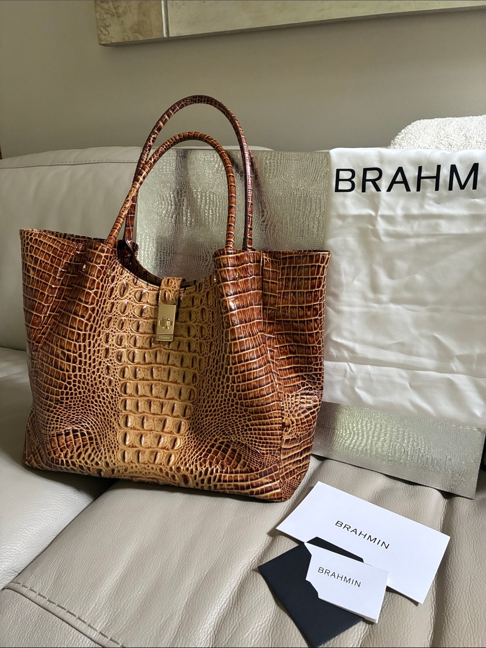 Brahmin Cognac Ombre Croc-Embossed Leather Tote